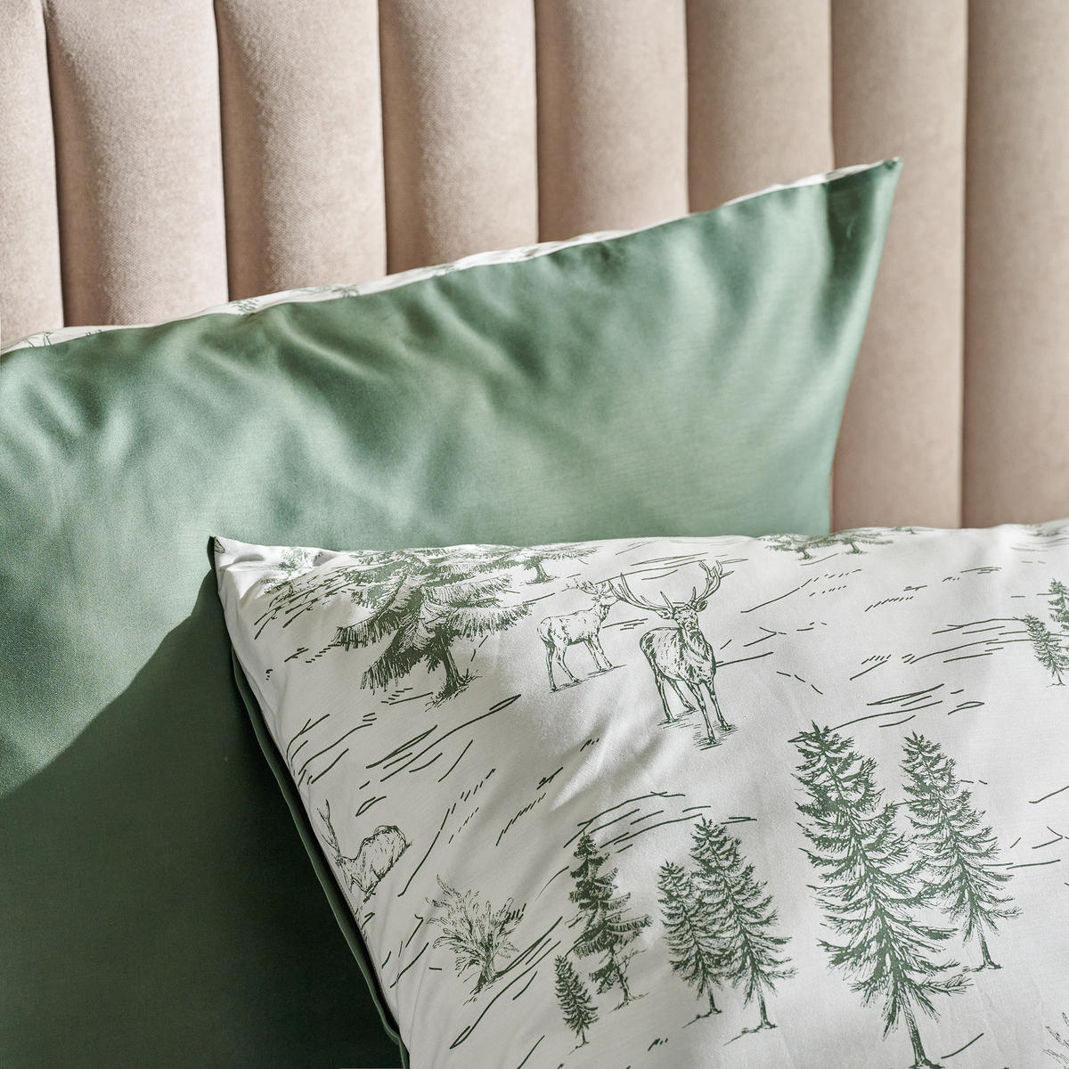 BETTWÄSCHE Satin ERDO, 160x200 cm, Ecru-Grün, Winter Weihnachten Bettbezug, Weihnachtsdeko, Christmas, Weihnachtsmotiv - Ecru, Textil (160/200cm) - home&you