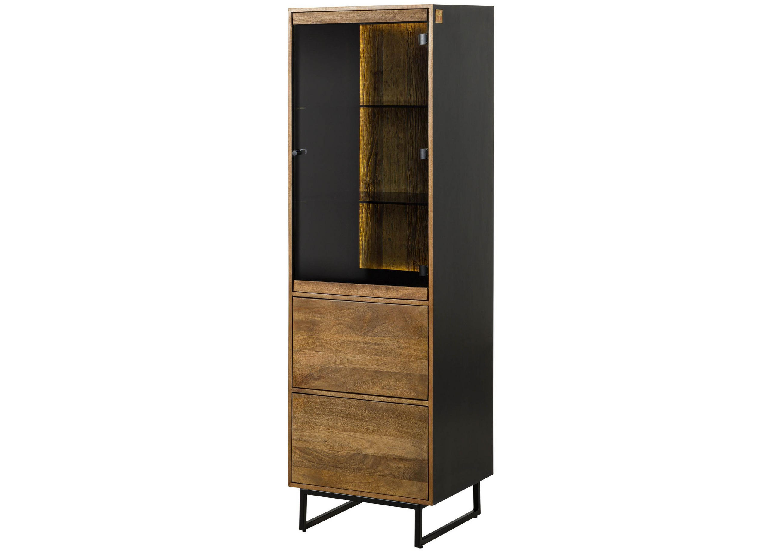 VITRINE Mango / Altholz 56x47x180 schwarz / natur lackiert DAVIS #40 - Schwarz, Holz (56/180/47cm) - Massivmoebel24