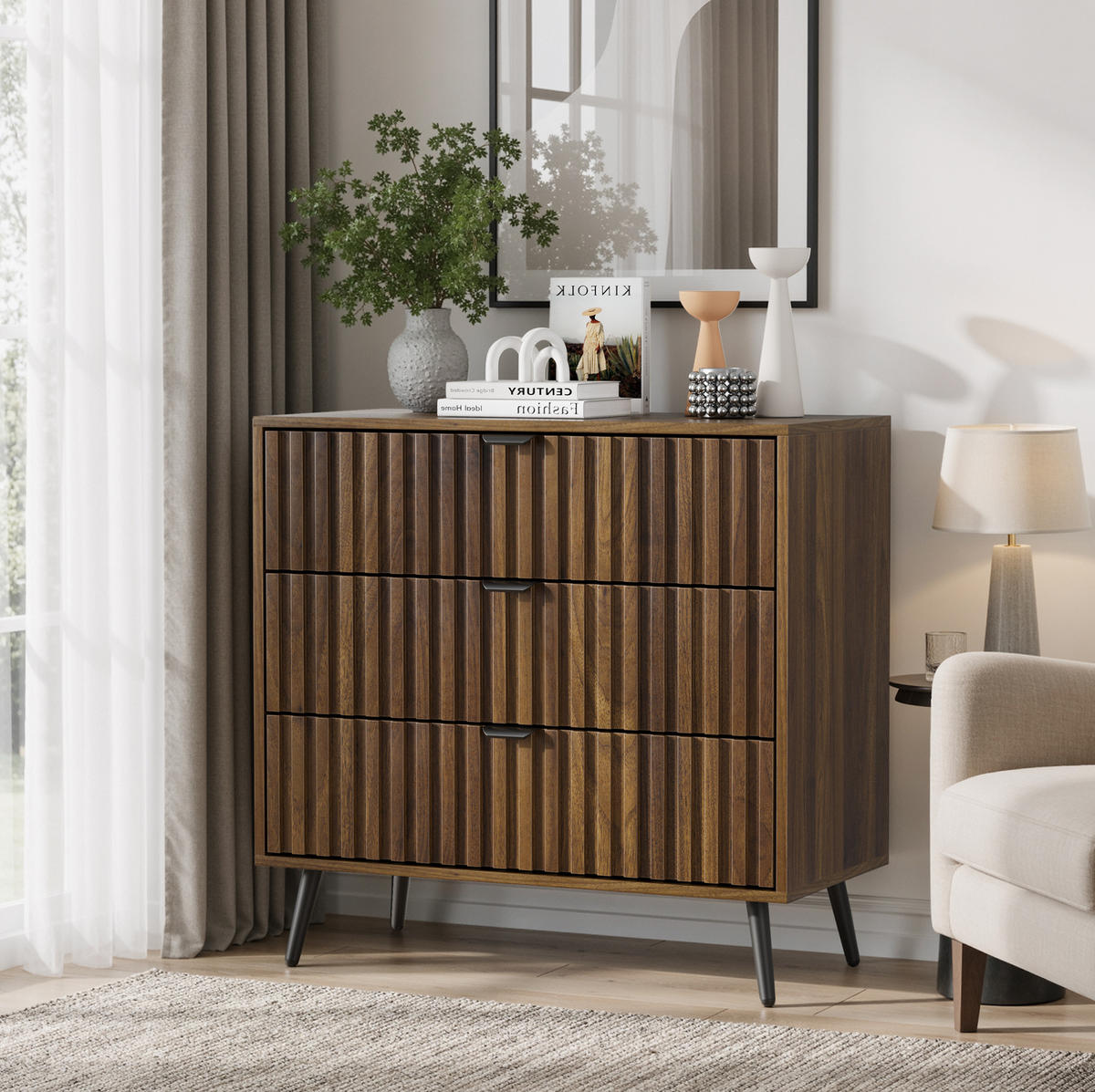 KOMMODE 80/39/78 cm aus MDF mit 3 Schubladen und Metallbeinen Walnuss - Walnussfarben, Holzwerkstoff (80/78/38cm) - Modenvie