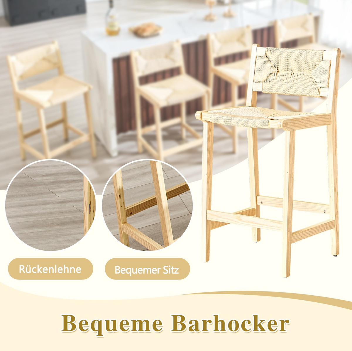 BARHOCKER 2er-Set mit Geflecht und Massivholz für Kücheninsel - Birnbaumfarben, Holz (42/89/44cm) - Meubliv
