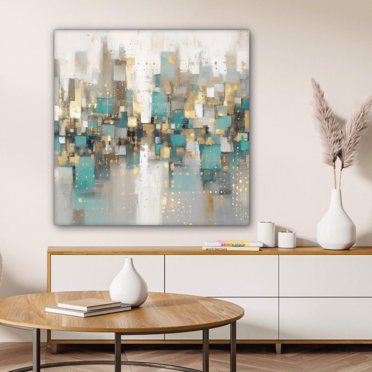 LEINWANDBILD Abstrakt - Blöcke - Gold - Skyline Deko Groß 90x90 cm - Beige, Textil (90/90cm) - MuchoWow