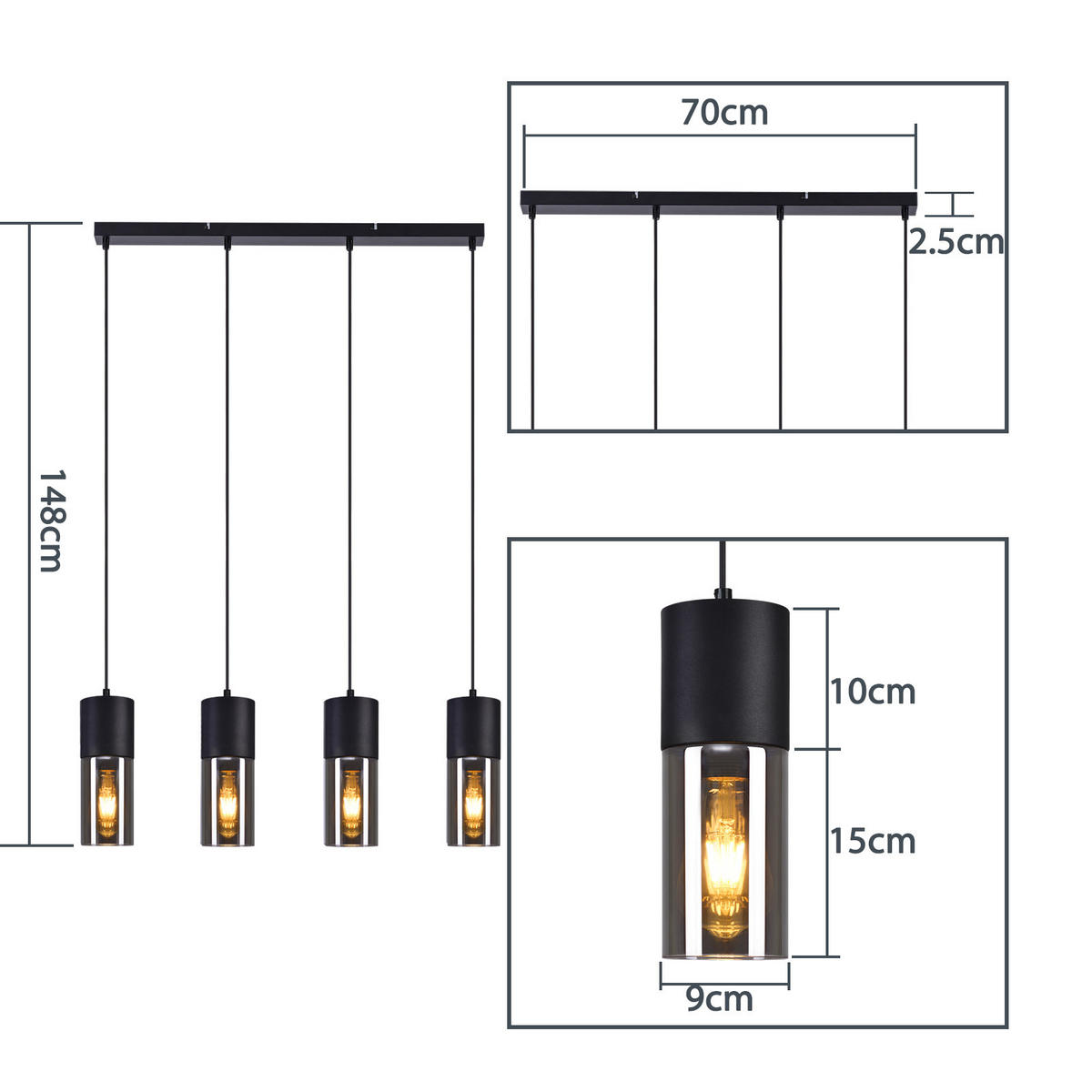 HÄNGELEUCHTE Kaelq 9/148/75 cm - Schwarz, Metall (75/9/148cm) - ZMH