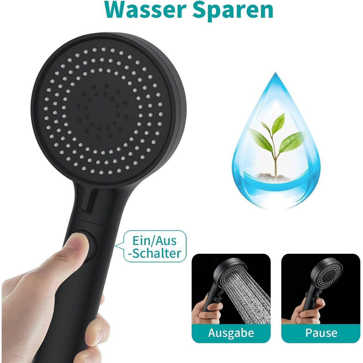 HANDBRAUSE Set Schwarz 3 Strahlarten Wassersparend mit Schlauch - Schwarz, Kunststoff (9/12.7/24.5cm)