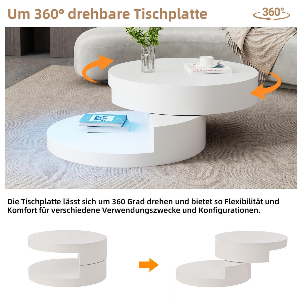 COUCHTISCH 70/70/35,5 cm mit 360° drehbarer Tischplatte, LED-Beleuchtung und 2 Ebenen aus MDF, Weiß - Weiß, Holzwerkstoff (70/70/35.5cm) - Redom