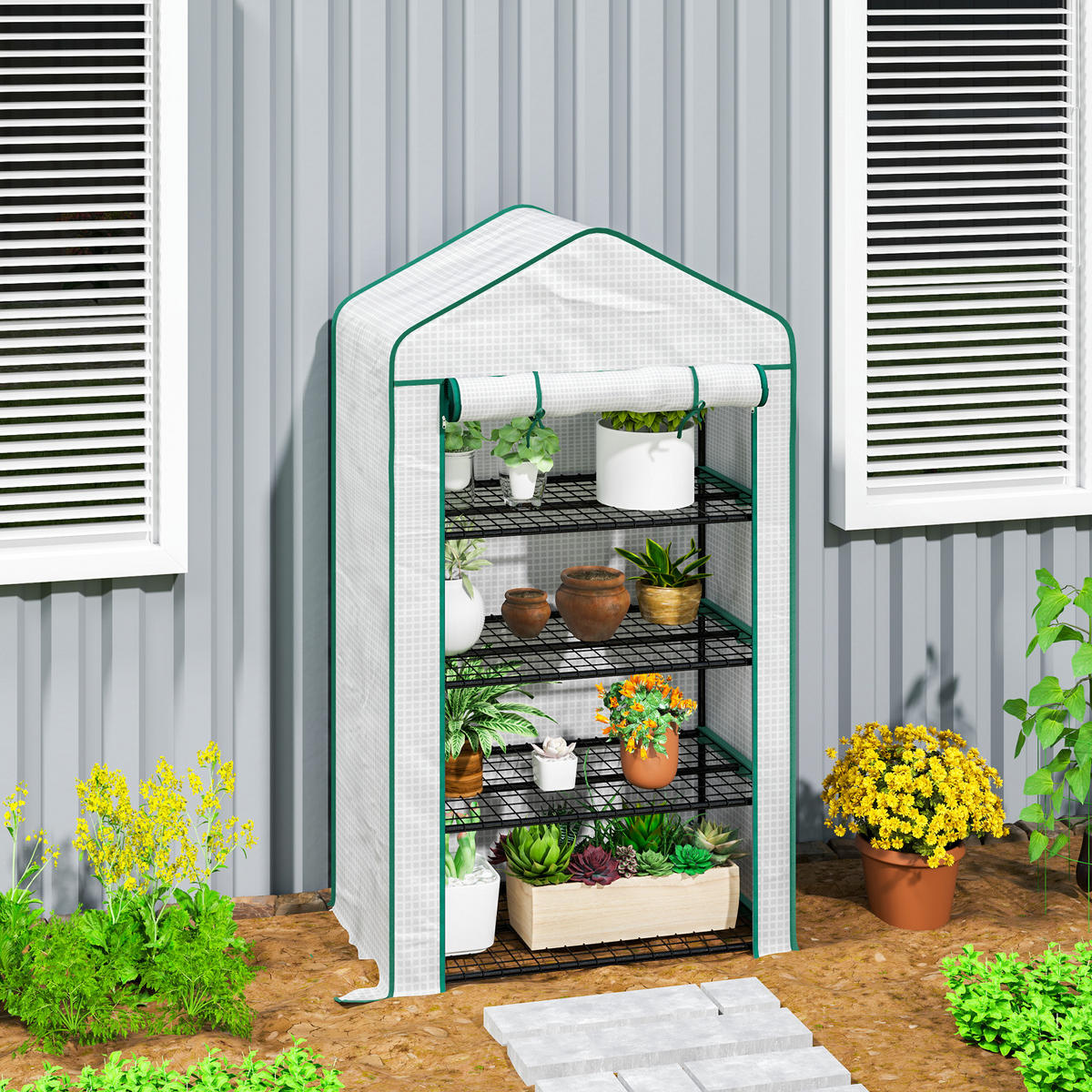 GEWÄCHSHAUS DE-12015 4 Etagen & Rolltür Weiß - Weiß, Kunststoff (49/160/90cm) - ComfortXL