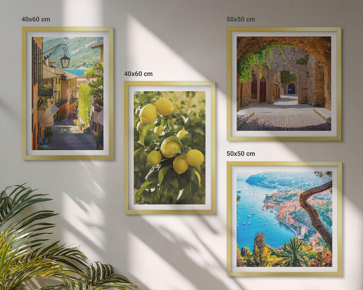 WANDBILDER 4er Set - 50x50 cm & 40x60 cm Goldrahmen - Straßen am Meer, ein Meer aus Zitronen - Goldfarben, Kunststoff (50/50cm) - ArtPrintCave