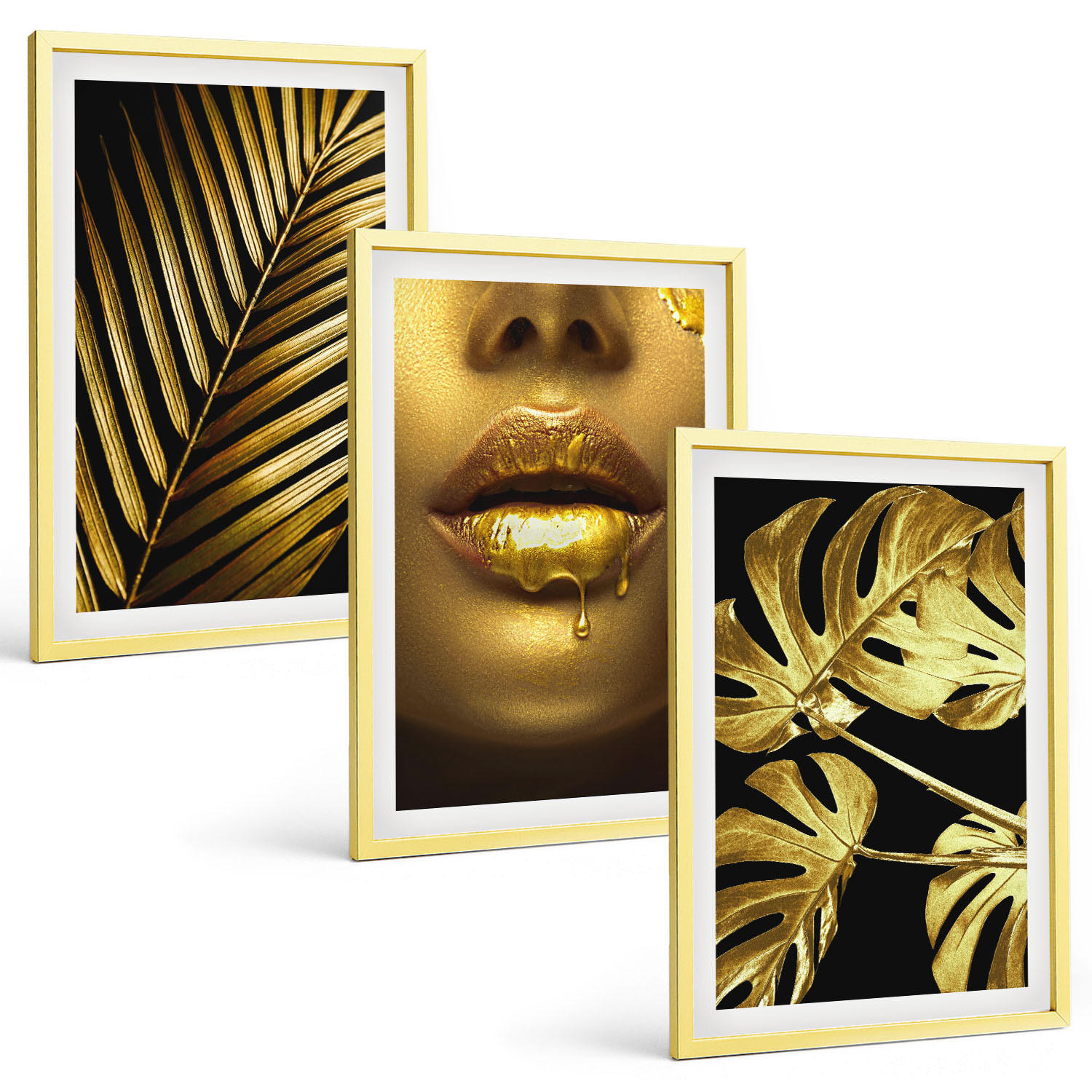 BILDER SET 3er Set - 40x60 cm Goldrahmen - Mund einer Frau mit Monstera-Palme - Goldfarben, Kunststoff (40/60cm) - TULUP