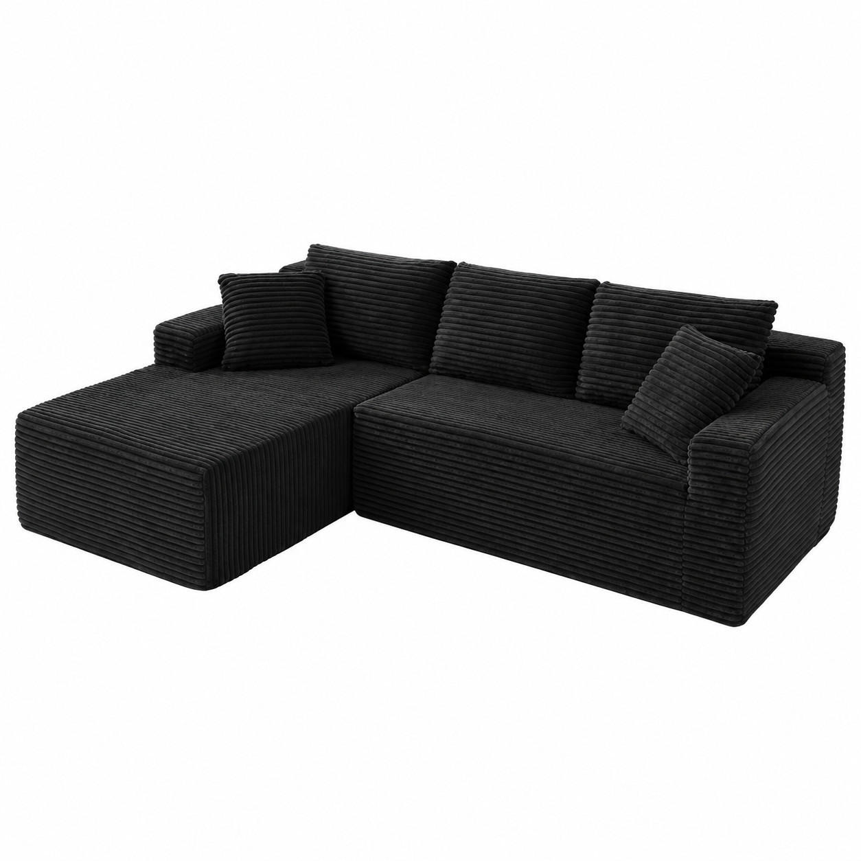 ECKSOFA 3-Sitzer Cord Schwarz mit Rücken- und Nackenkissen - Schwarz, Textil (252.5/163cm) - WISHDOR