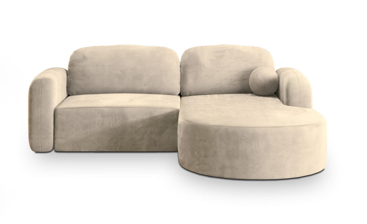 ECKSOFA AMILIA M R-S Creme Velours-Stoff mit Schlaffunktion - Creme, Holz (263/174cm) - MASSENO