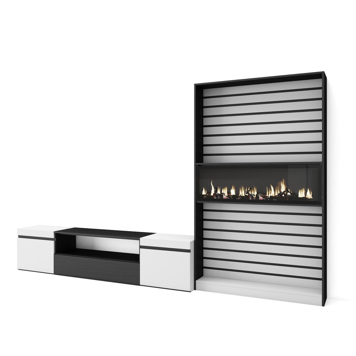 WOHNWAND Wohnzimmer, weiß und schwarz, Elektrokamin,, 310/35/186cm - Schwarz/Weiß, Holzwerkstoff (310/186/35cm) - Skraut Home