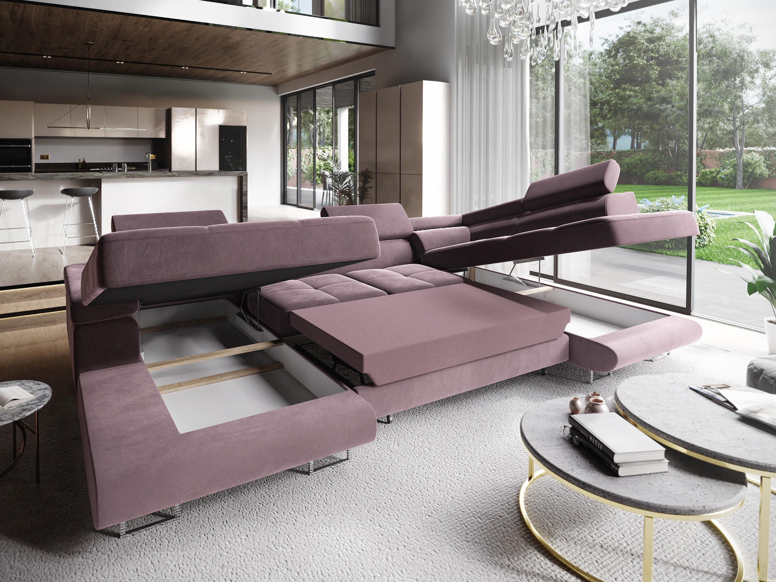WOHNLANDSCHAFT CASONE R-S Lila Velours-Stoff mit Schlaffunktion - Lila, Holz (345/90/202cm) - MASSENO