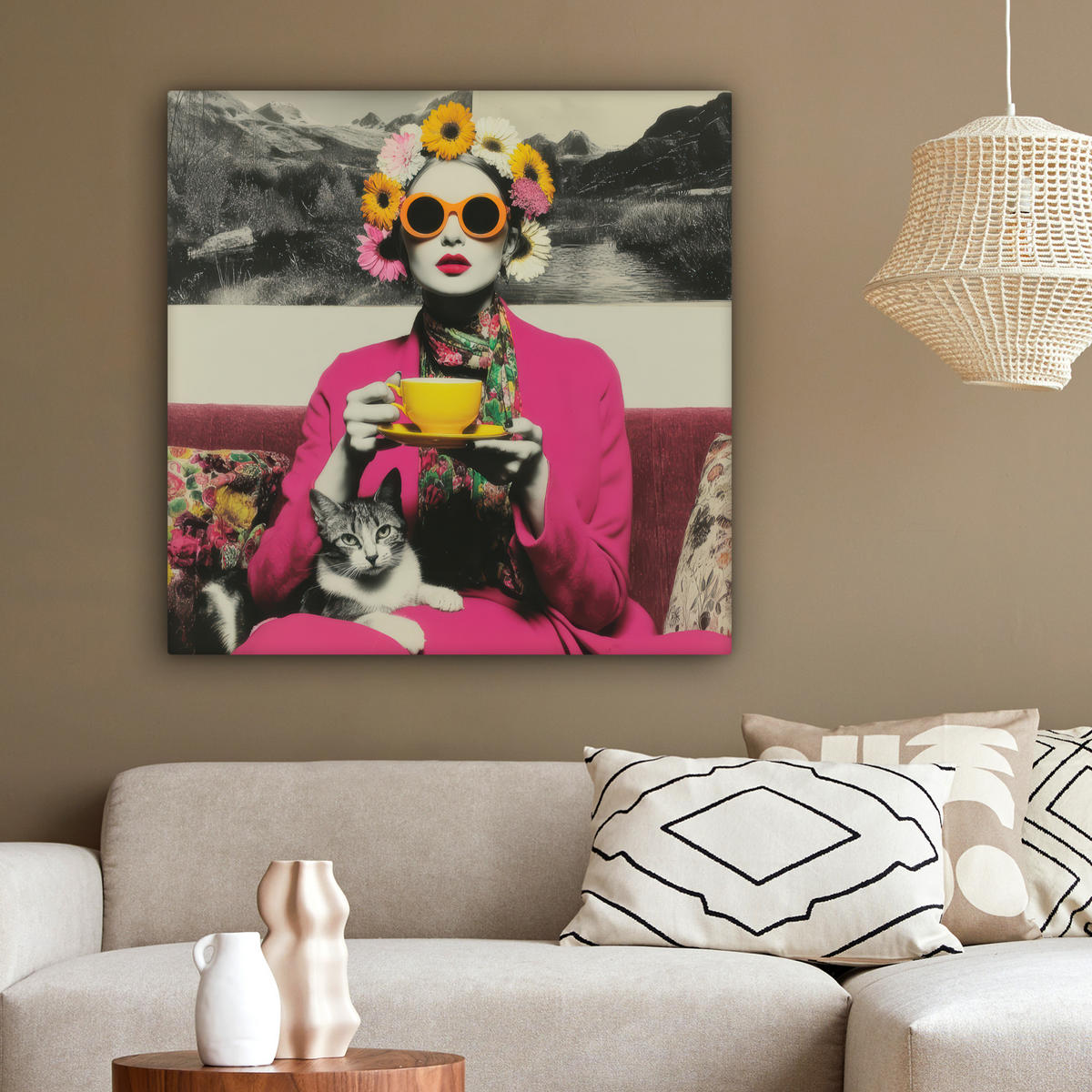 LEINWANDBILD Frau - Katze - Blumen - Tasse - Retro Deko Groß 90x90 cm - Magenta, Textil (90/90cm) - MuchoWow