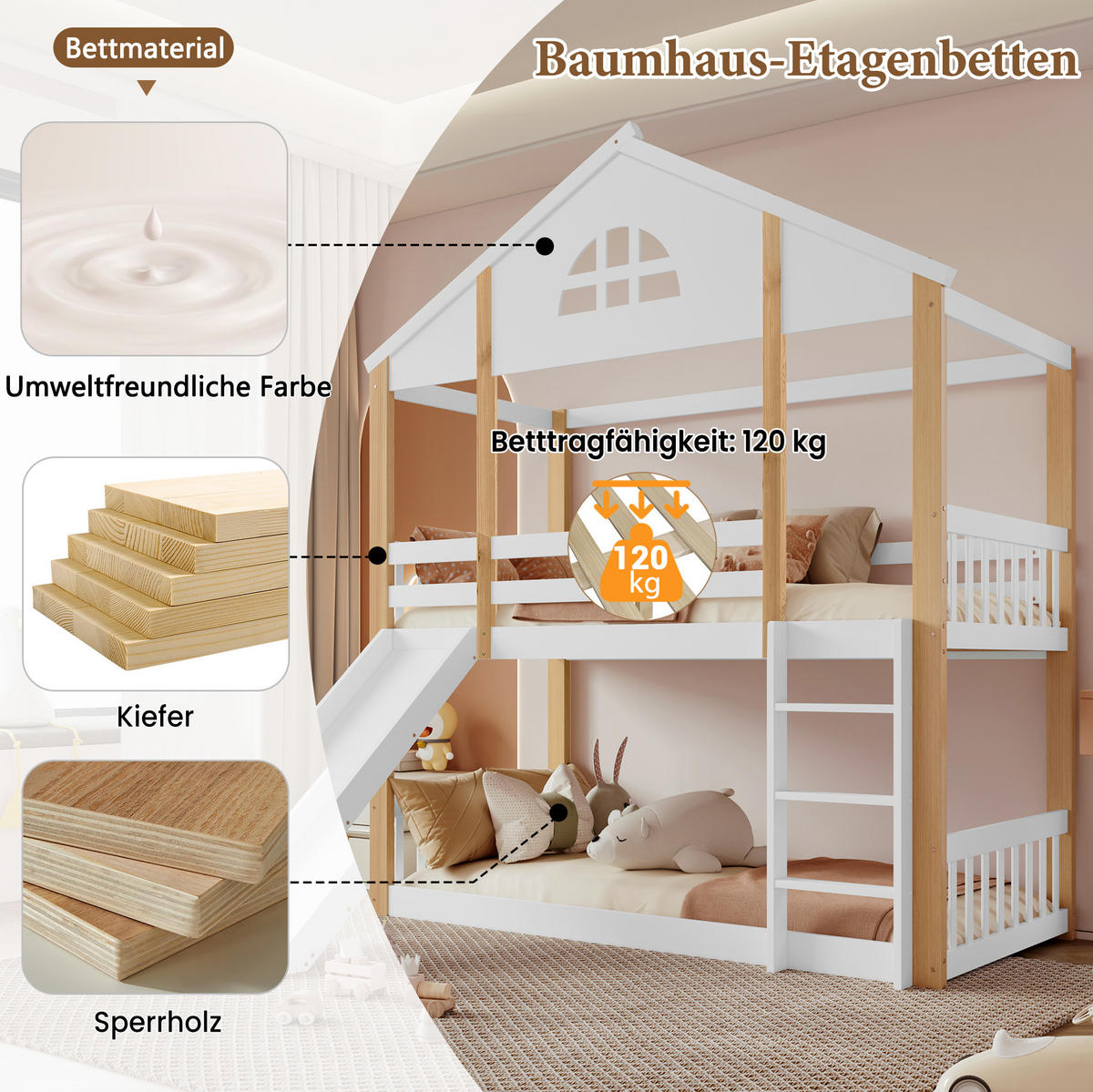 ETAGENBETT aus Kiefernholz und MDF 90x200 cm Weiß/Natur mit Rutsche und Treppe - Weiß, Holzwerkstoff (90/200cm) - IVMEU