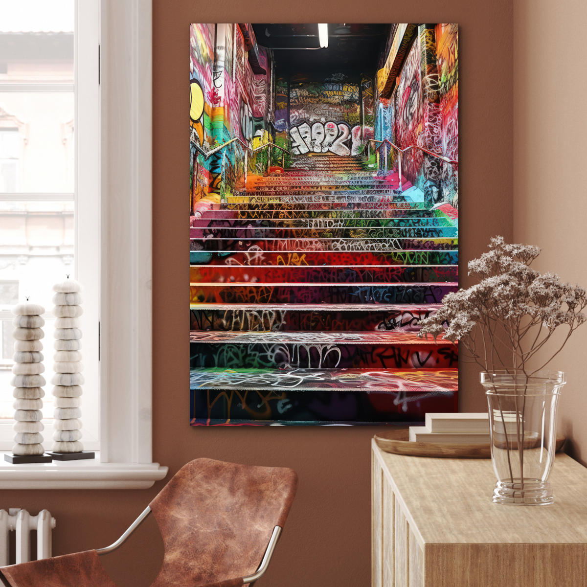 METALLBILD Treppe - Graffiti - Farben - Kunst 60x90 cm - Multicolor, Metall (60/90cm) - MuchoWow