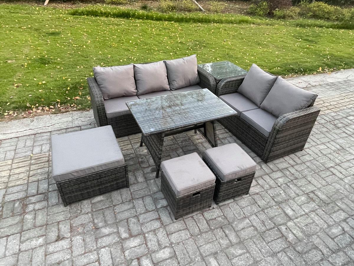 GARTENMÖBELSET mit ESSTISCH,SOFA Polyrattan 8-Sitzer - Dunkelgrau/Grau, Glas/Kunststoff - Fimous