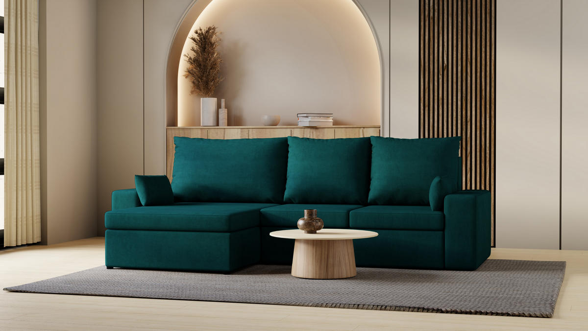 ECKSOFA Paco mit Bettkasten und Schlaffunktion, L-Form/XL-Form, Velourstoff, Universal - Türkis, Holzwerkstoff (276/145cm) - 4ALL HOME