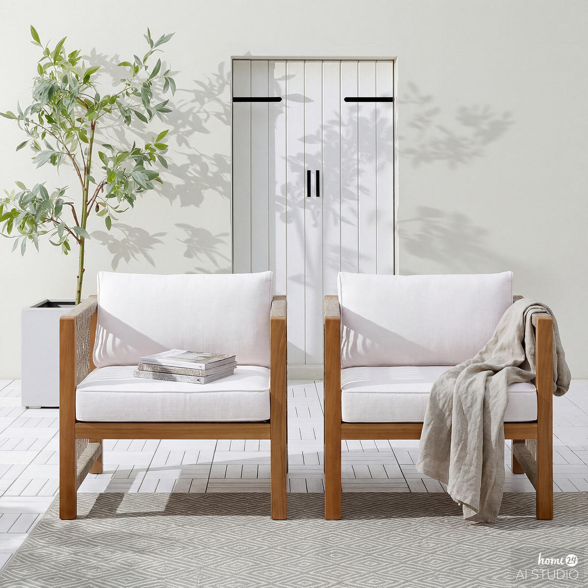 LOUNGESESSEL - 2er-Set - Akazie massiv / Polyester - Braun / Beige - Beige/Braun, Holz/Textil (64/76/66cm) - home24
