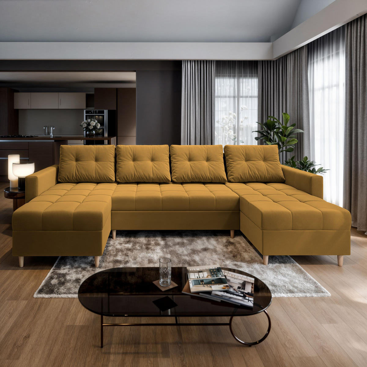 WOHNLANDSCHAFT MILO U Gelb Plüsch-Stoff mit Schlaffunktion - Gelb, Holz (285/91/140cm) - MASSENO