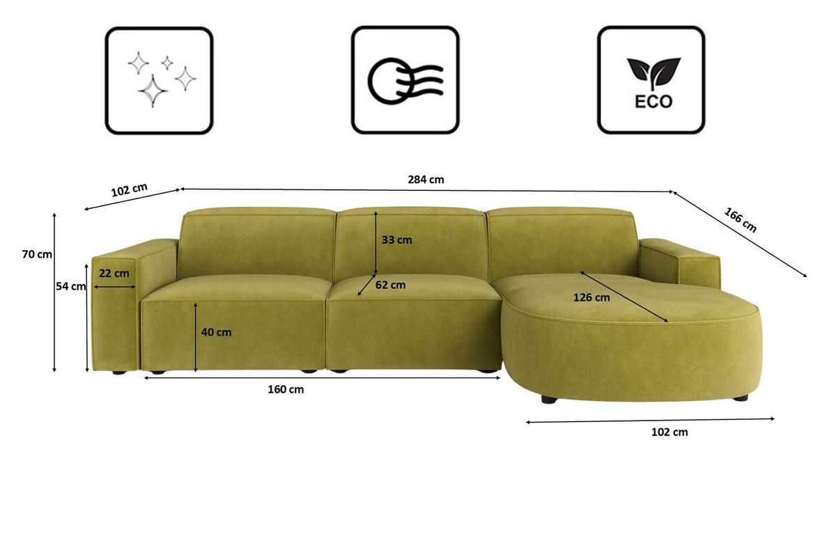 ECKSOFA Cursal Round L-Form, Stoff Salvador, Olive, Rechts - Olivgrün, Holz (284/166cm) - Kaiser Möbel