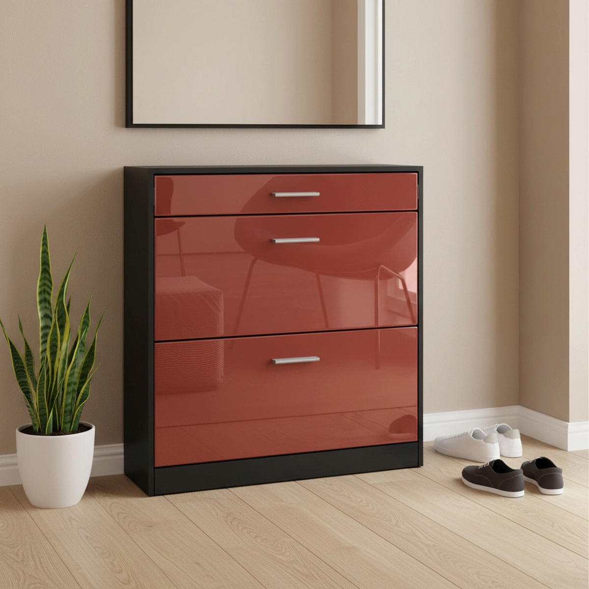 SCHUHSCHRANK Roma Schmal mit 2 Klappen und 1 Schublade, Platzsparender Schuhkipper, Schwarz/Bordeaux Hochglanz (89 x 95,5 x 23 cm) - Bordeaux, Holzwerkstoff (89/95.5/23cm) - InnoFurn