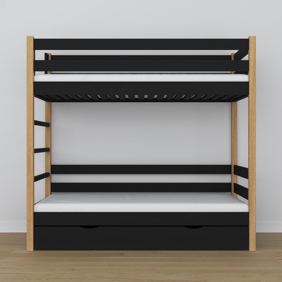 ETAGENBETT N03 mit Schublade Schwarz / Eiche Natur 100/180 - Schwarz/Eiche Artisan, Naturmaterialien/Holz (100/180cm) - N-Wood