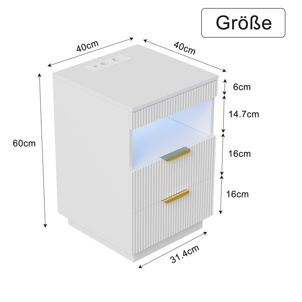 NACHTSHRANK Weiß mit LED-Beleuchtung, Steckdose, USB & Type-C, Nachttisch mit 2 Schubladen, 40/40/60 cm - Goldfarben/Weiß, Holz/Metall (40/60/40cm) - BPKADHY