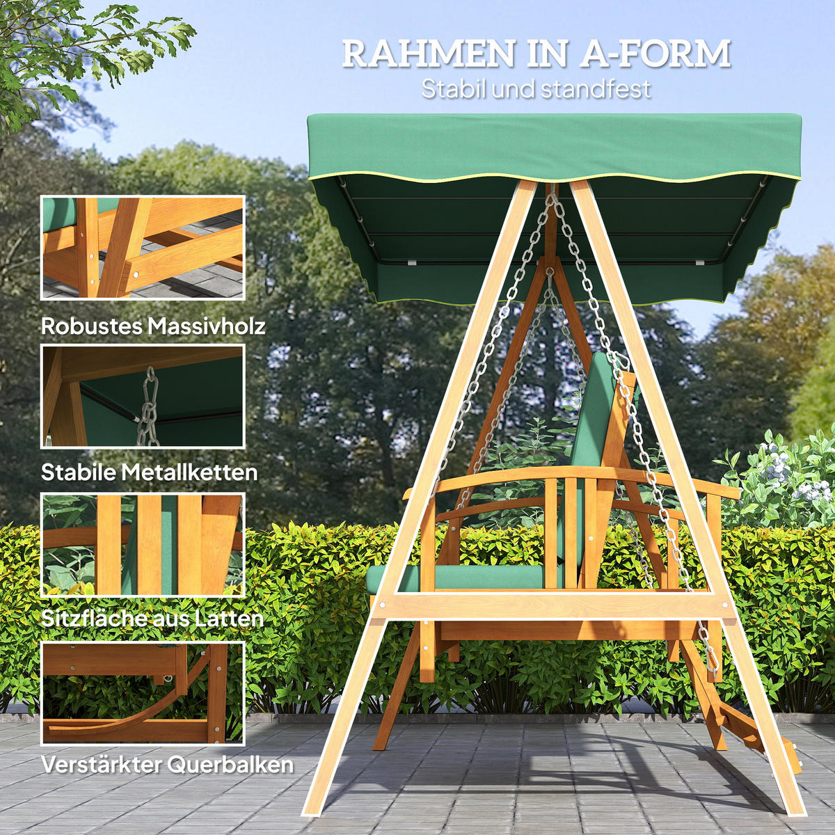 HOLLYWOODSCHAUKEL DE-07044 3-Sitzer Echtholz mit Liegefunktion Dunkelgrün - Dunkelgrün, Holz (236/181/130cm) - ComfortXL