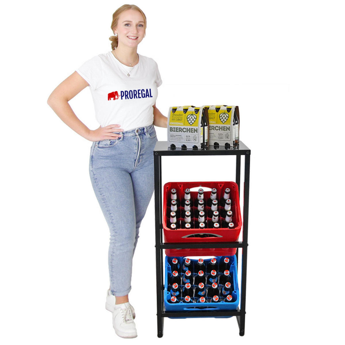 GETRÄNKEKISTENREGAL Königssee S PLUS mit Ablage 103x48x32 2 Kisten auf 2 Ebenen Schwarz - Schwarz, Metall (48/103/32cm) - PROREGAL