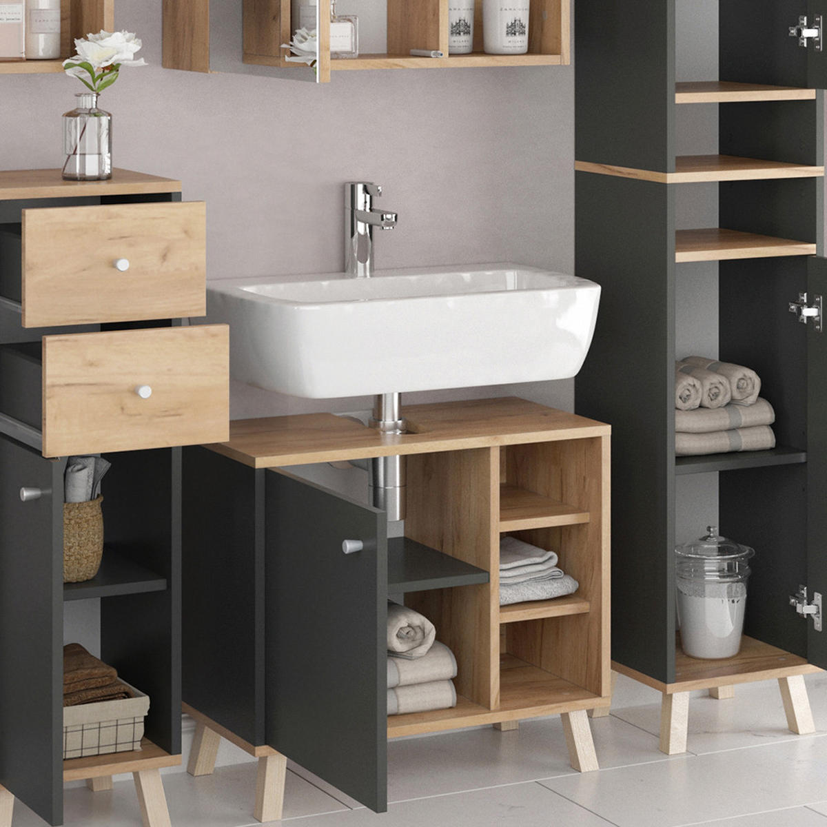 BADMÖBEL-SET Senyo Anthrazit 5 Teile - Honigeiche/Anthrazit, Holzwerkstoff (62/54/32cm) - Vicco