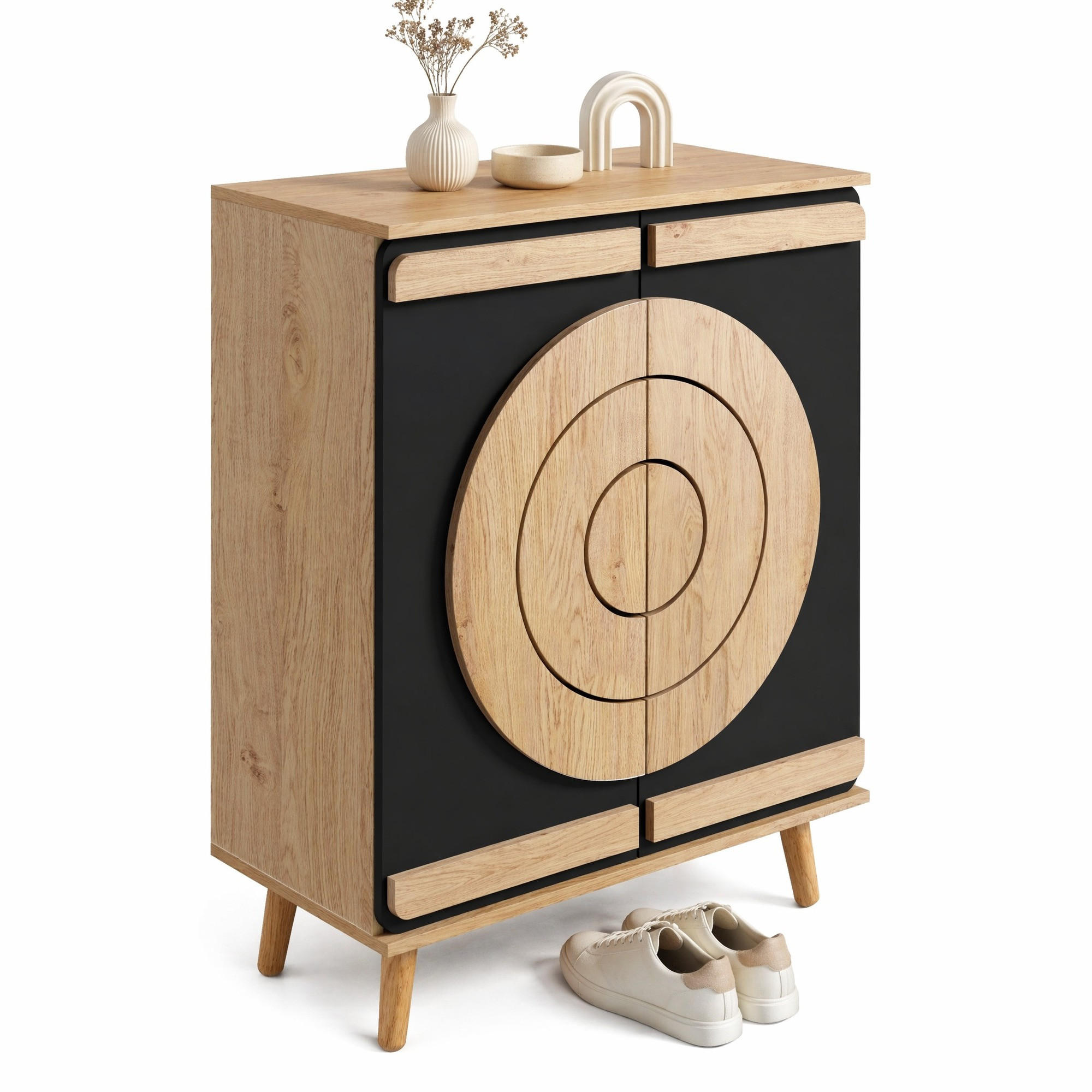 SCHUHSCHRANK in Naturfarben und Schwarz mit mehrstufigem Stauraum und Holzbeinen für Flur, B76/T37/H98.5cm - Schwarz/Naturfarben, Holzwerkstoff/Metall (76/98.5/37cm) - STILVORA