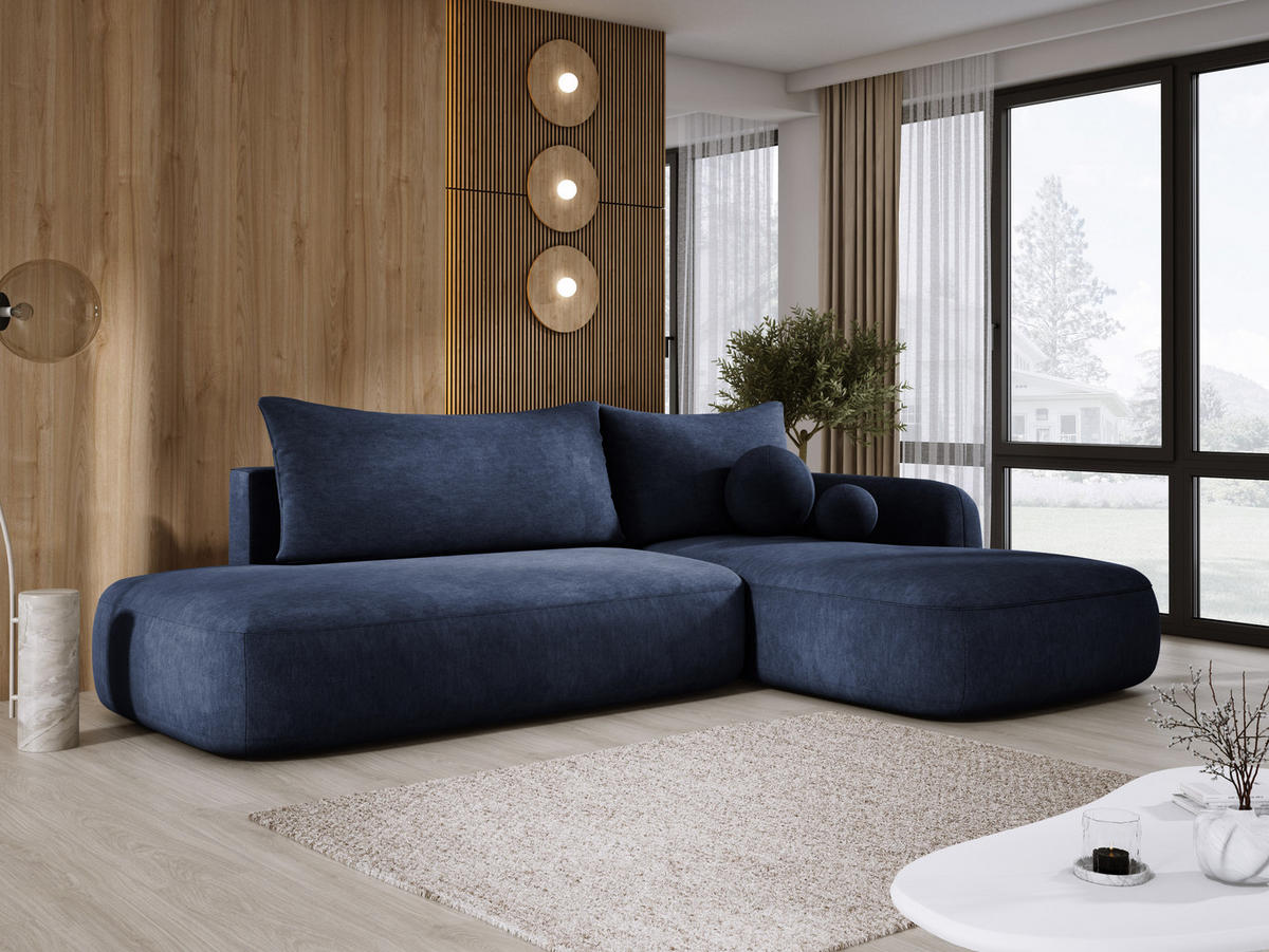 ECKSOFA BABU mit Bettfunktion – Moderne Polsterecke für Wohnzimmer, Funktionales Schlafsofa im Stoff CLOUD, 300x105x60 cm, Rechte, – Blau - Blau, Holz/Textil (300/190cm) - DomoHome