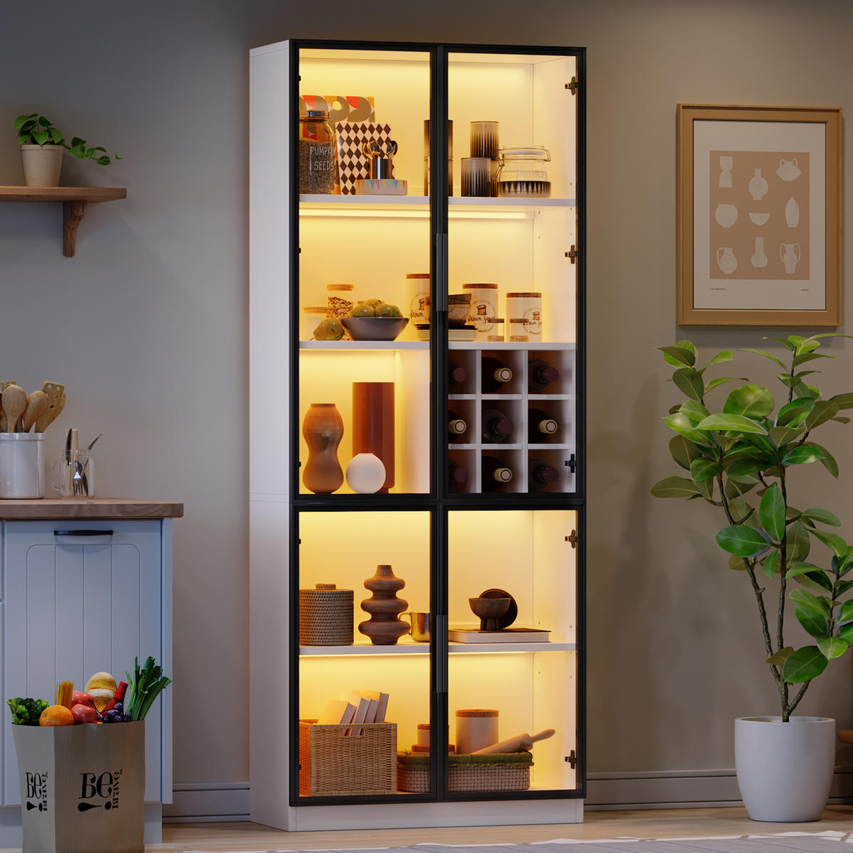 VITRINE 80/35/200 cm aus Spanplatte mit LED-Beleuchtung, App-Steuerung und Weinfach, Weiß - Weiß, Holzwerkstoff (80/200/35cm) - Redom