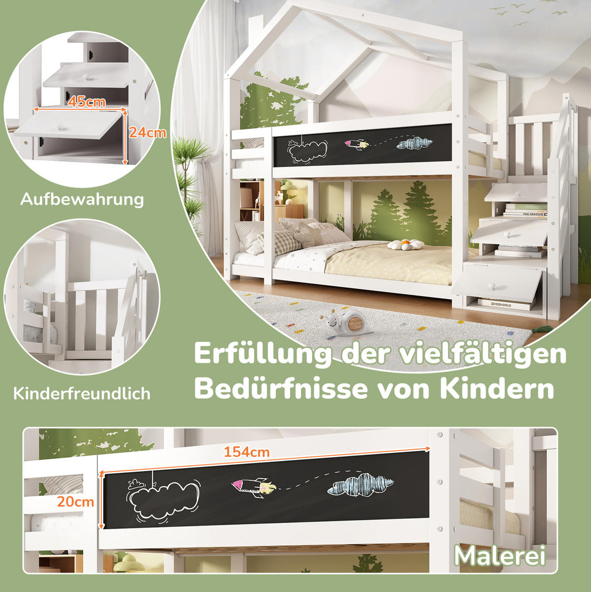 ETAGENBETT aus Kiefer-Massivholz und MDF 90x200 cm Weiß mit Stauraumtreppe und Tafel - Weiß, Holzwerkstoff (90/200cm) - IVMEU