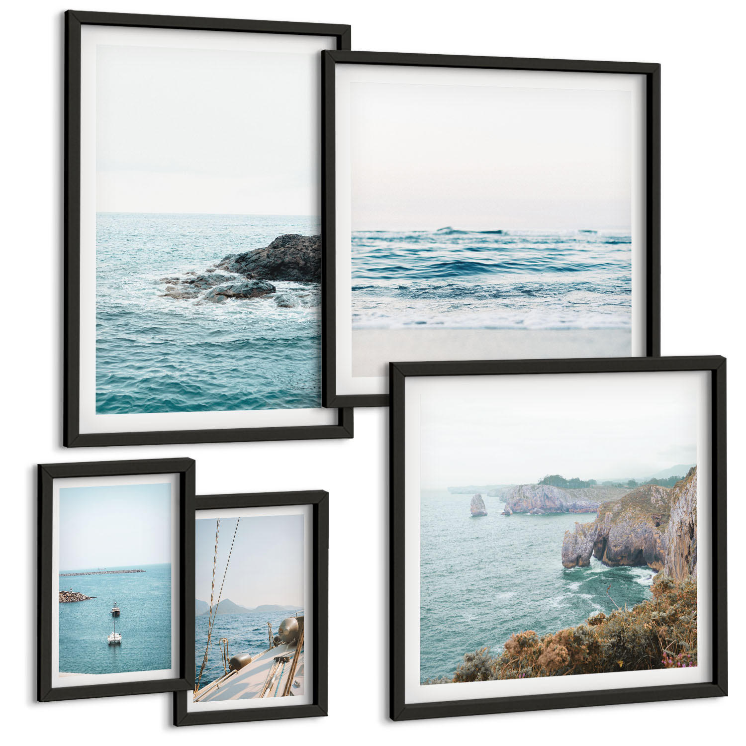 BILDER SET 5er Set - 50x50 cm & 20x30 cm & 40x60 cm Schwarzer Rahmen - Küstenlandschaftsblick - Schwarz, Kunststoff (40/60cm) - TULUP