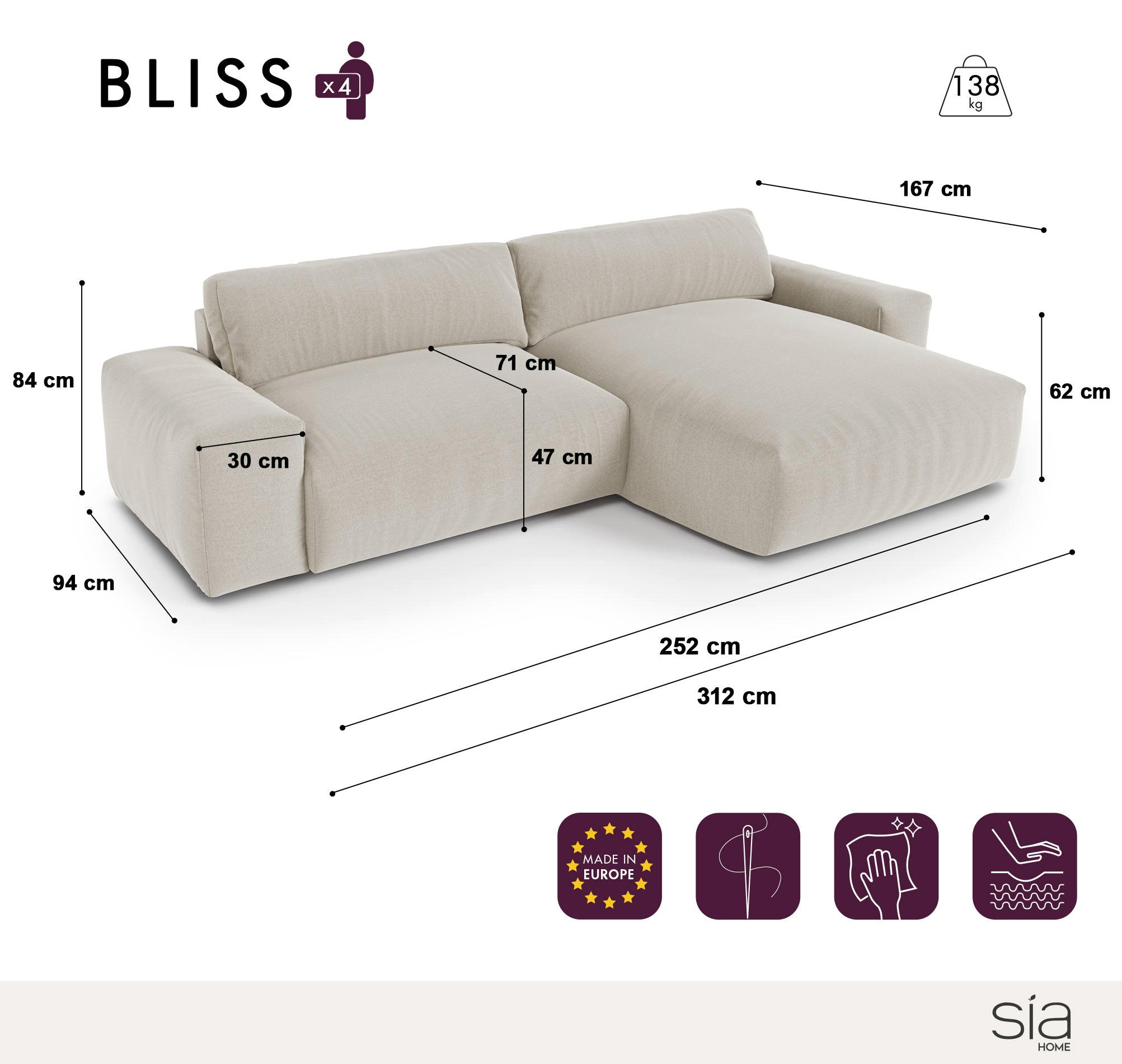 ECKSOFA RECHTS Samt Graphitgrau 310cm - Graphitfarben/Grau, Textil (310/174cm) - Sia Home
