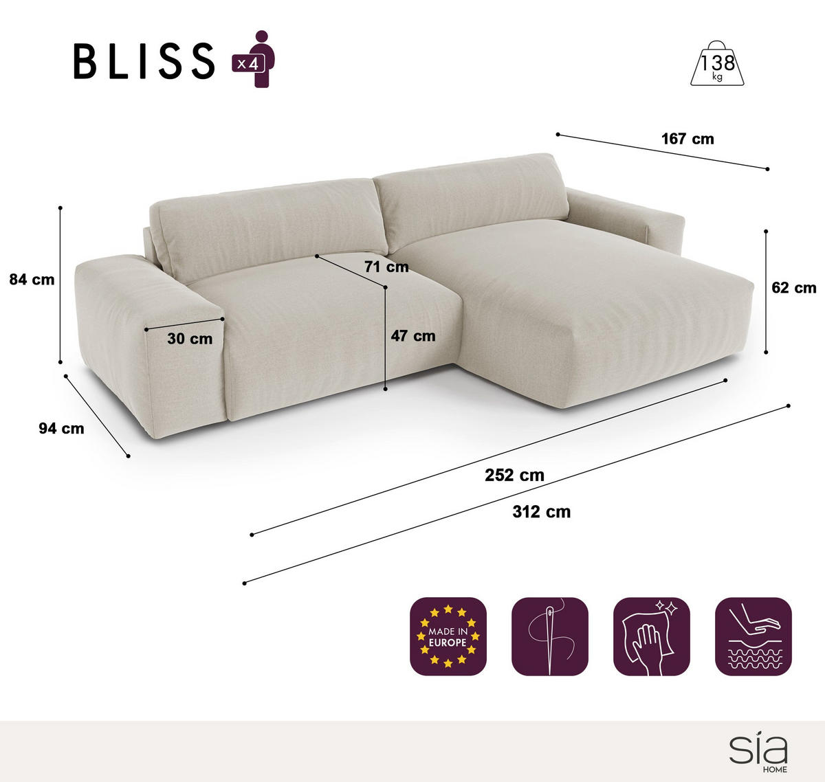 ECKSOFA RECHTS Gerippter Samt Anthrazitgrau 310cm - Dunkelgrau/Anthrazit, Textil (310/174cm) - Sia Home