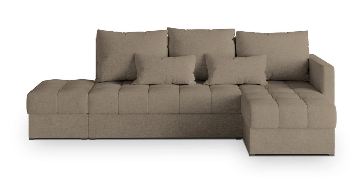 ECKSOFA LUMARI R-S Braun Plüsch-Stoff mit Schlaffunktion - Braun, Holz (262/143cm) - MASSENO