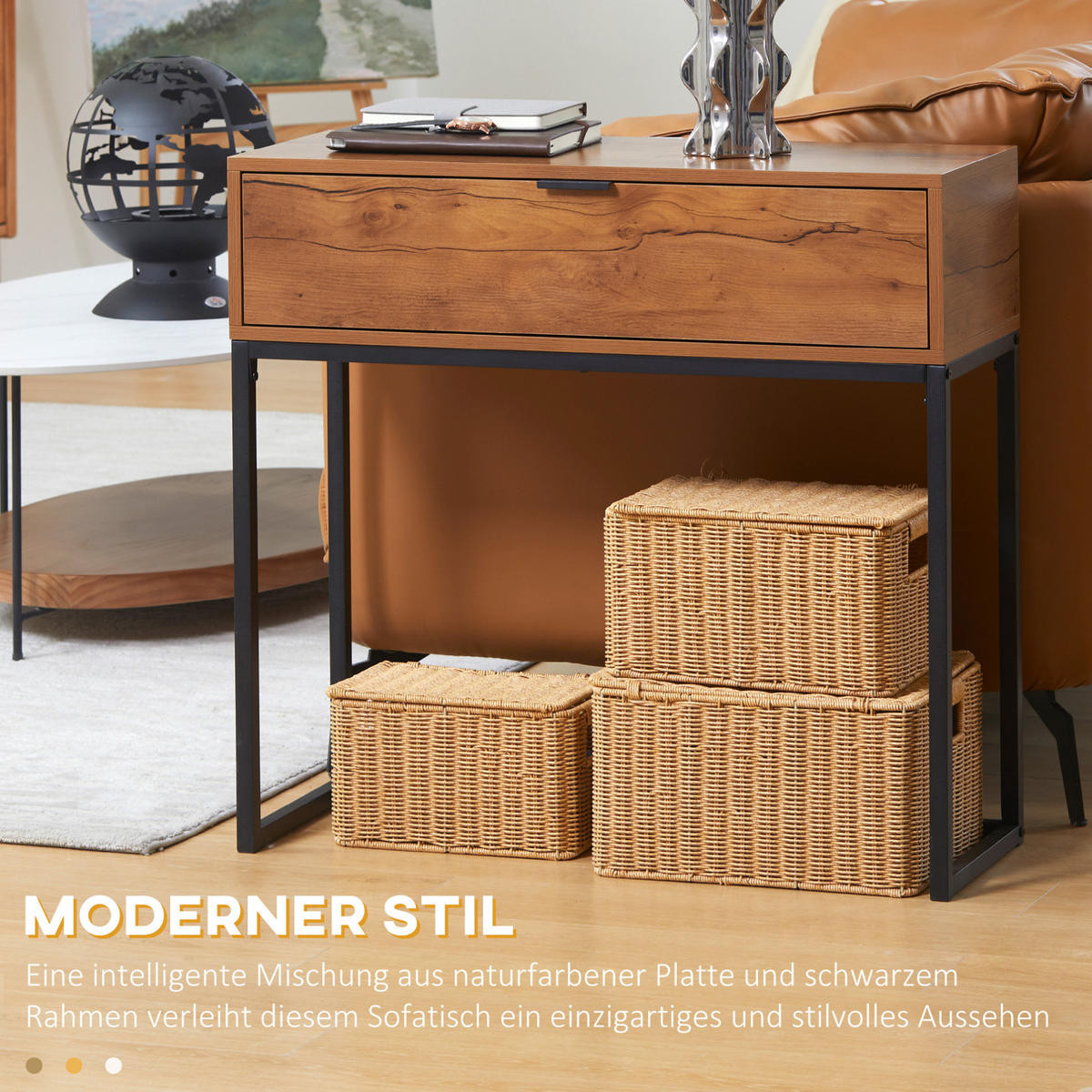 KONSOLENTISCH 80/30/76 cm in Natur mit Schublade und Metallgestell - Naturfarben, Holzwerkstoff (30/80/76cm) - Flora Grace