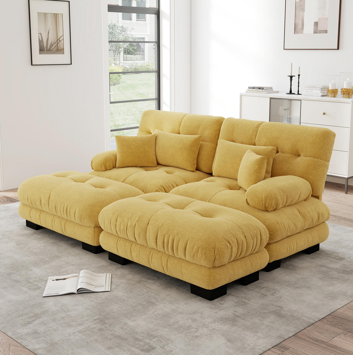 SOFA modular Chenille Yellow mit Ottomanen - Gelb, Kunststoff (145/81/220.1cm) - Meubliv