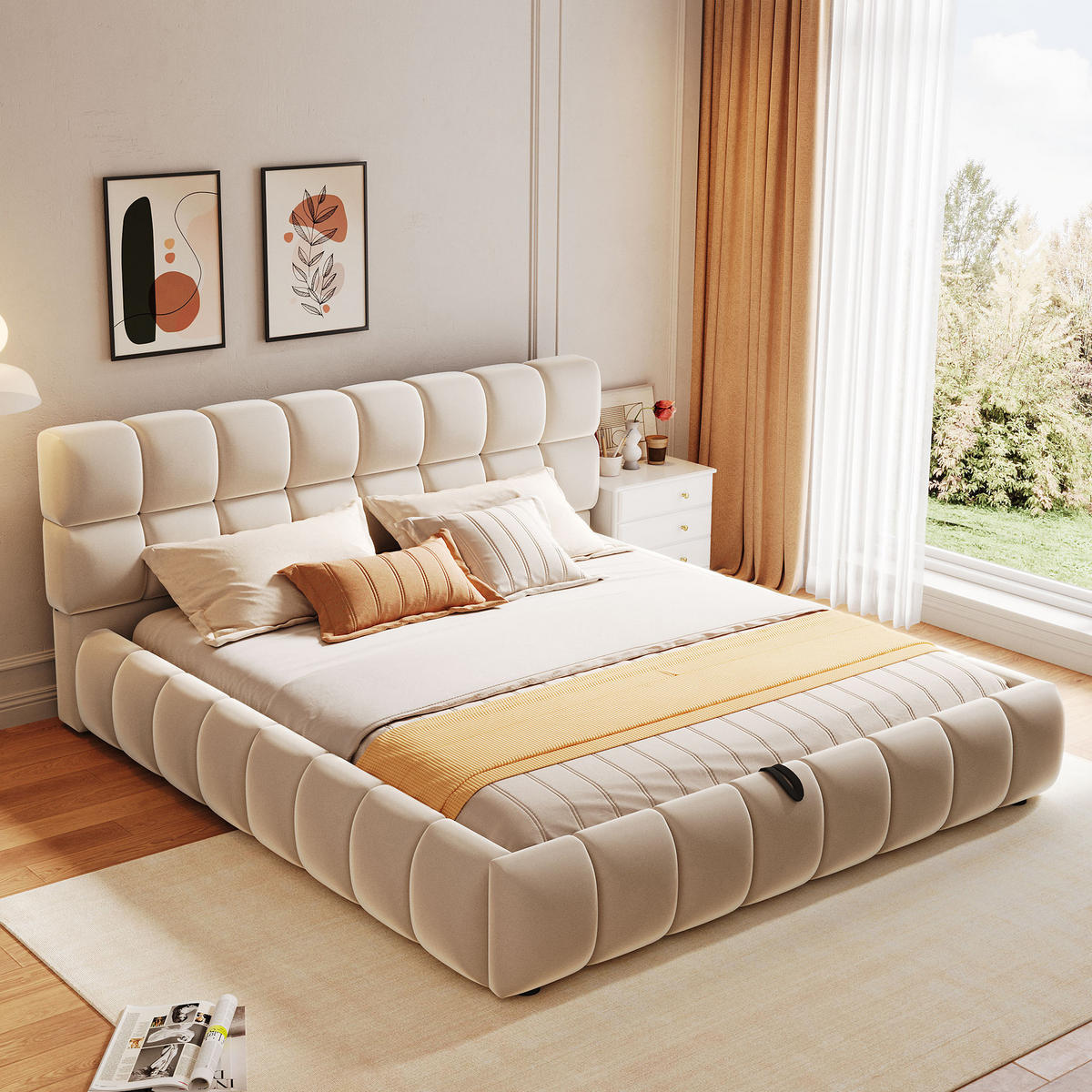 POLSTERBETT 140/200 cm in Beige Samt mit Bettkasten - Beige, Holzwerkstoff/Textil (140/200cm) - WISHDOR