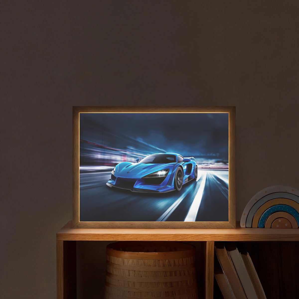DOBÍJECÍ NOČNÍ LAMPIČKA Auto - Modrá - Chlapci - Dítě 40x30 cm - modrá, kompozitní dřevo (8/40/30cm) - OnlyWow