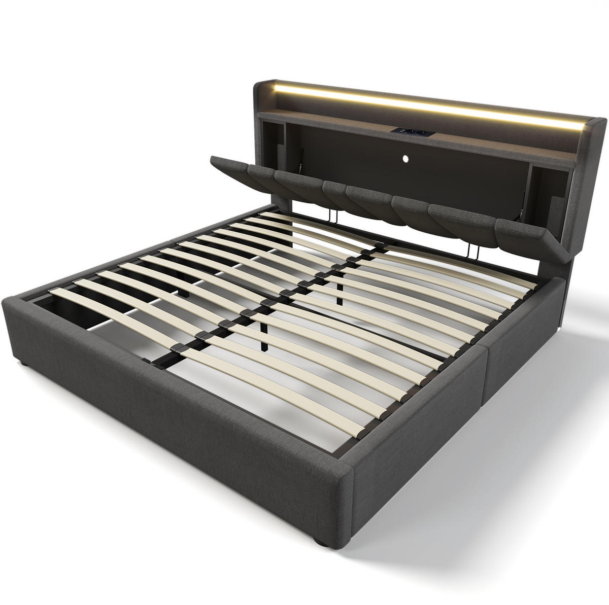 POLSTERBETT 140/200 cm mit Bettkasten, USB/Type-C & LED-App, grau - Grau, Textil (140/200cm) - Redom