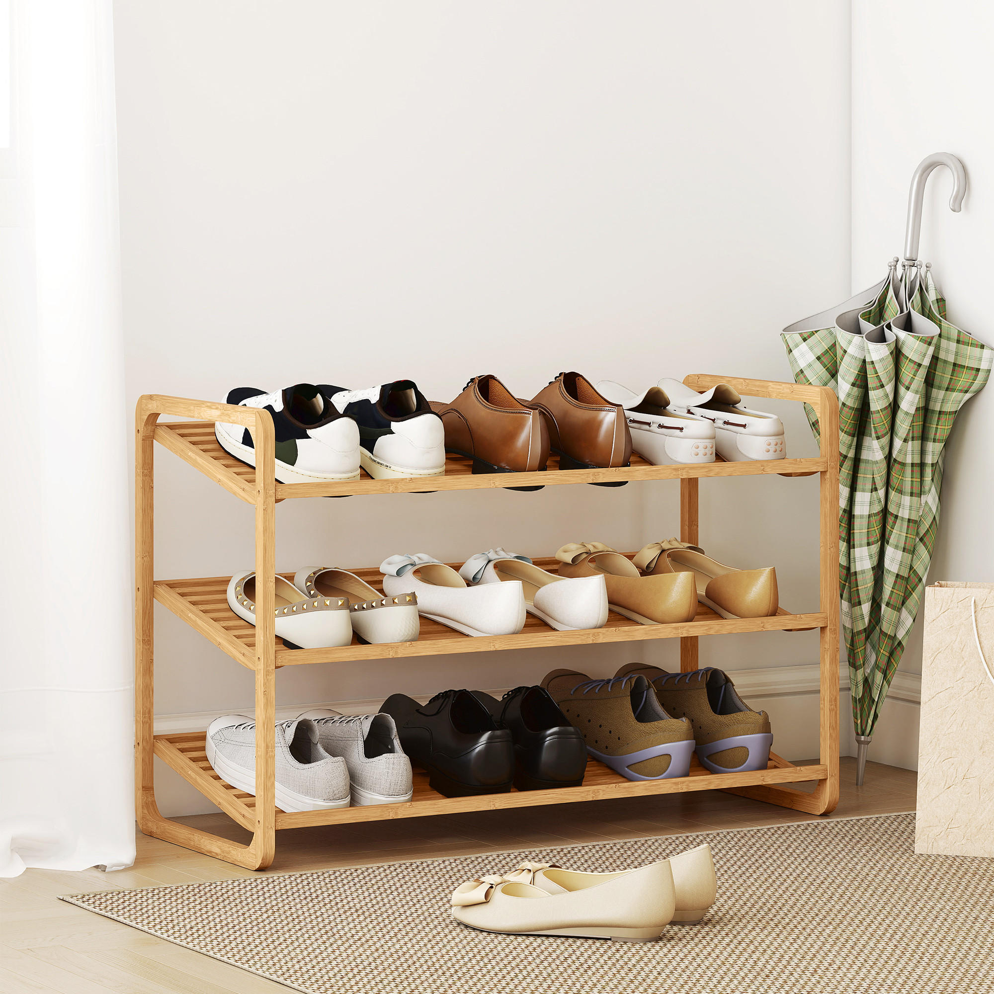 SCHUHREGAL mit 3 Ebenen Schuhaufbewahrung Schuh-Organizer für 9-12 Paar - Naturfarben, Holz/Bambusholz (33/50.8/76cm) - HOMCOM