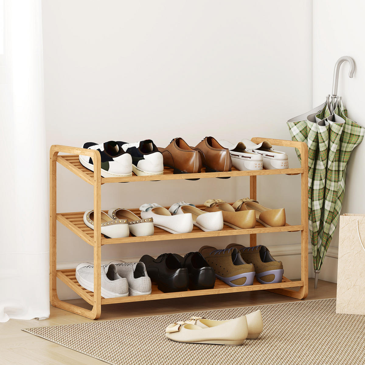 SCHUHREGAL mit 3 Ebenen Schuhaufbewahrung Schuh-Organizer für 9-12 Paar - Naturfarben, Holz/Bambusholz (33/50.8/76cm) - HOMCOM