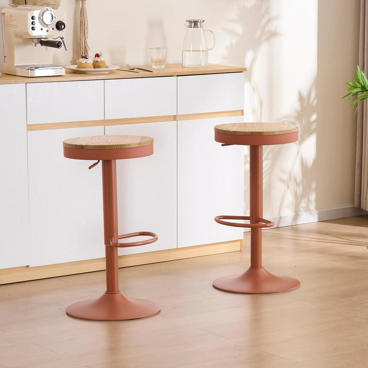 BARHOCKER 2er Set Holz Höhenverstellbar Schwenkbar Terrakotta Vintage - Bordeaux, Holz (38.5/56/38.5cm)
