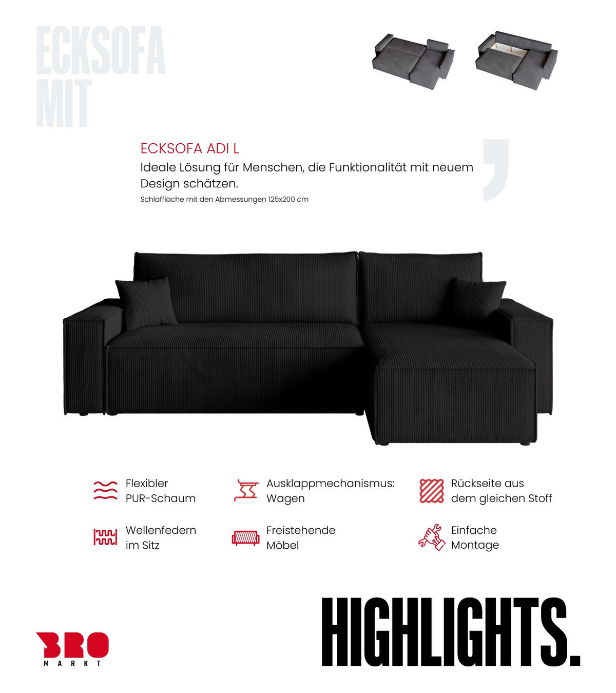 ECKSOFA ADI mit Schlaffunktion Schwarz Cord - Schwarz, Textil (244/143cm) - Bromarkt