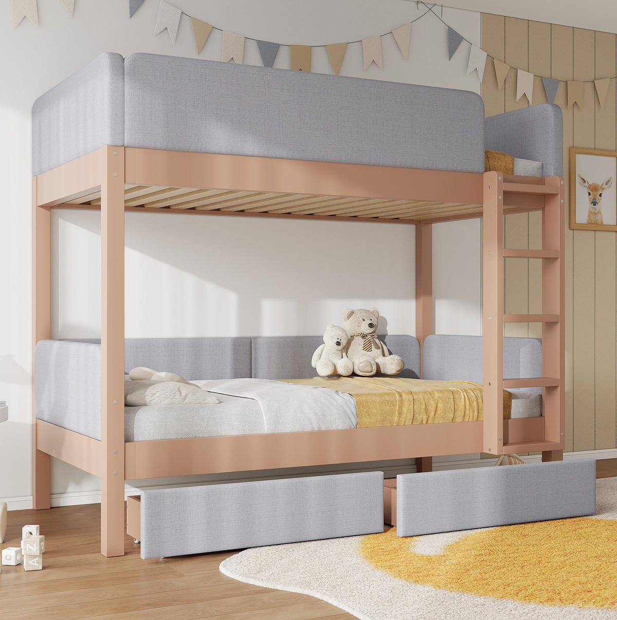 ETAGENBETT aus Kautschukholz und MDF 90x200 cm Grau/Natur mit 2 Schubladen, gerader 4-Stufen-Treppe und Schutzkante - Grau, Holzwerkstoff (90/200cm) - Modfu