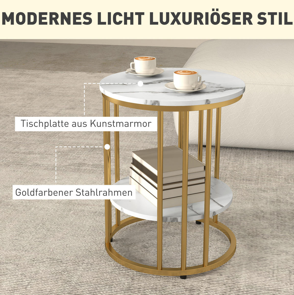 COUCHTISCH-SET aus 45x45x55 cm MDF und Metall in Weiß mit Marmoroptik, 2 runde Tische mit Ablage - Weiß, Holz (45/45/55cm) - IVMEU