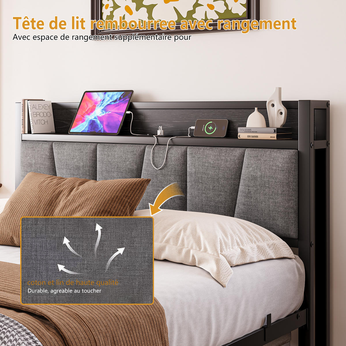 METALLBETT 140/190 cm Schwarz mit LED und USB - Schwarz, Metall (140/190cm) - Oxeza