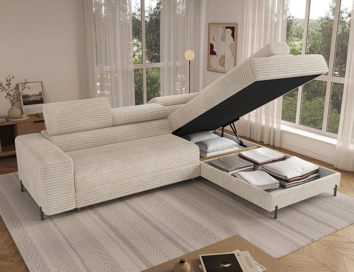 ECKSOFA COLESIO L-Form, Schlaffunktion, Bettkasten, verstellbare Kopfstützen, Wellenfederung, Metallfüße, breiter Cordstoff - Creme/Schwarz, Kunststoff/Metall (204/269cm) - Wohnideebilder
